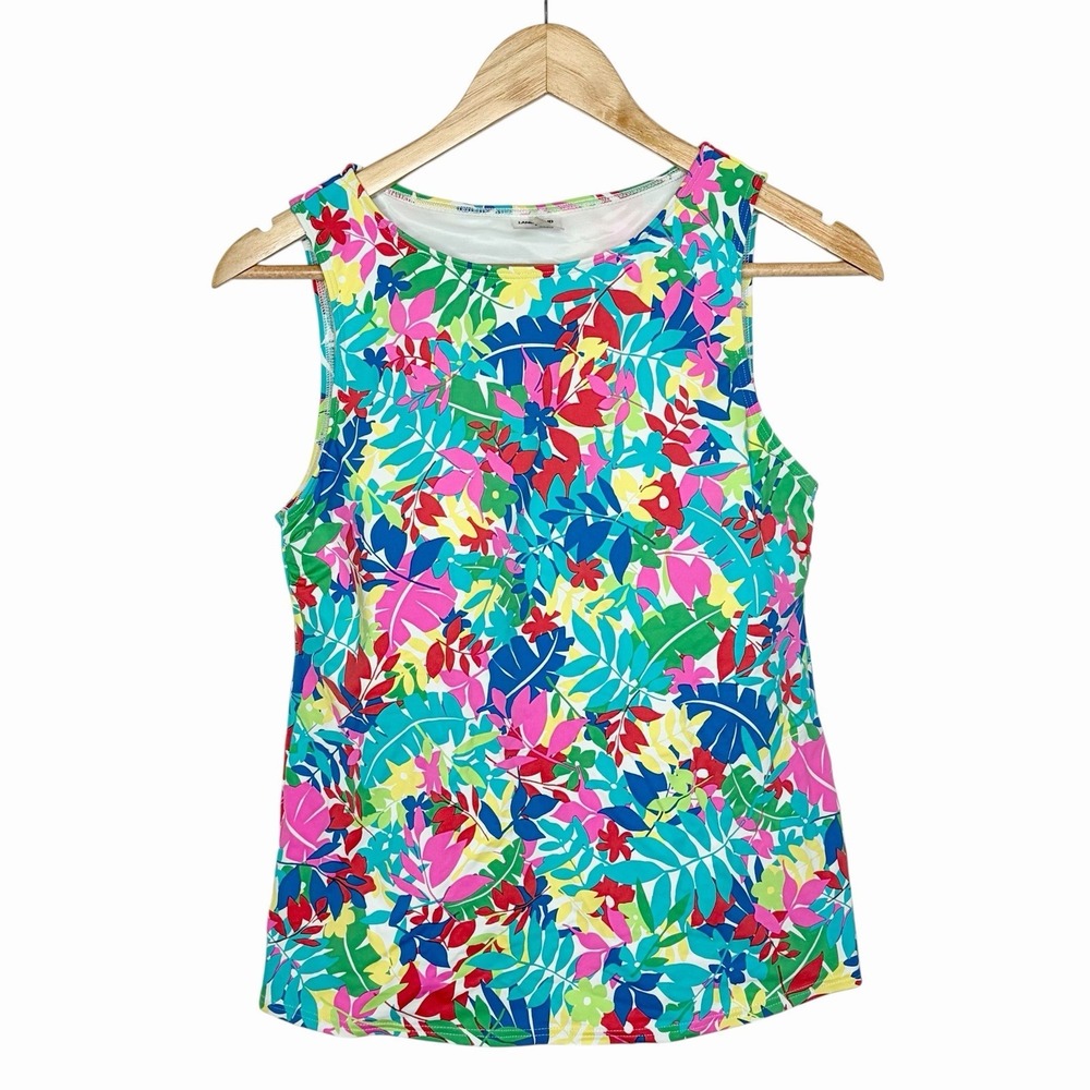 Lands End High Neck Tankini Top Womens Size 8 Modest Swimsuit Tropical Colorful